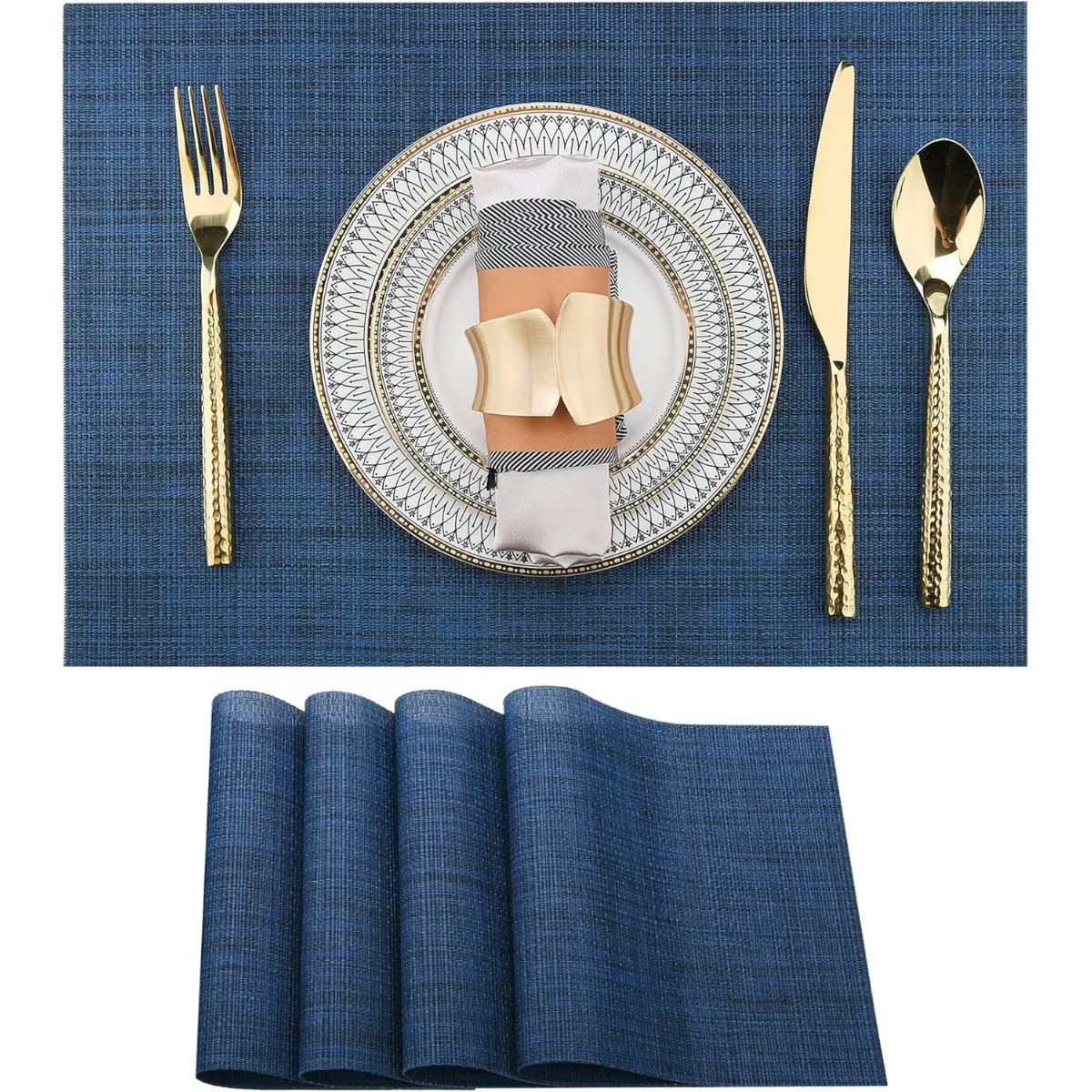 Navy Blue Placemats Set of 4 - Easy Clean Washable Vinyl Placemats - Wipeable Heat Resistant Table Mats for Dining Table - 17x12 Inch (Navy Blue, 4)