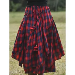 Women's Vintage Asymmetrical Tiered Maxi Skirt - Double-Sided Plaid Pattern, Loose A-Line Silhouette, Polyester Long Flowy Skirt for Spring & Fall, Machine Washable