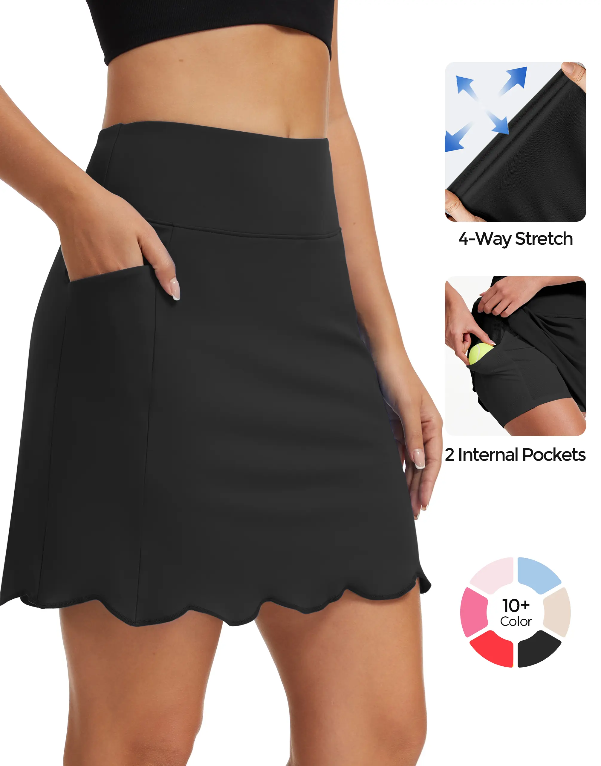 Moteepi Women's 18" High Waist Scalloped Hem Skorts with 4 Pockets, Buttons, Stretch, Slim Fit, Universal Sporty Chic Golf Tennis Athletic Workout Skirts