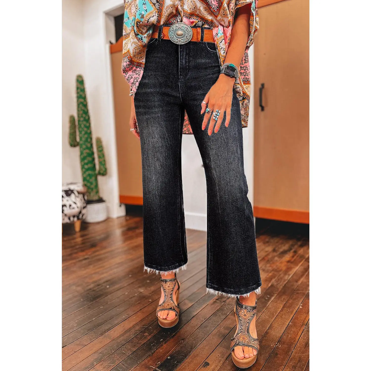 Carbon Grey Mineral Wash Raw Hem High Waist Flared Jeans