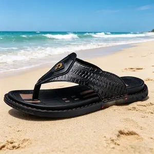 Men's Sport Flip Flops Crocodile Embossed PU Leather Breathable Lightweight Non-Slip Sole Summer Sandals for Outdoor Activities - Boy