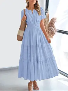 Women's Elegant Formal & Casual Long Dress, V-Neck Ruffled Layered A-Line, Lined, Fitted Style