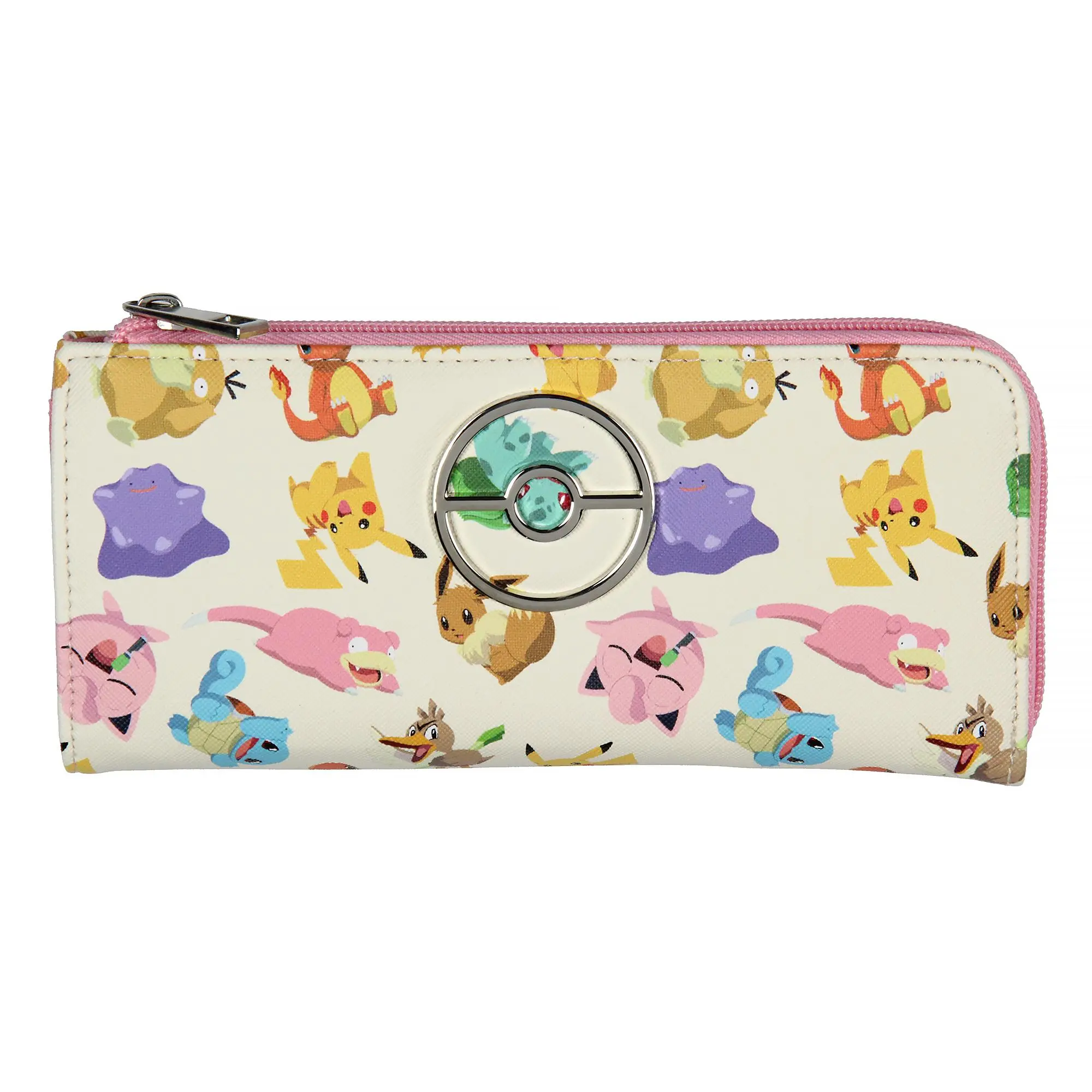 Pokemon Allover Character Zip Around Closure Faux Leather Wallet For Women w/ Metal Pokeball Logo