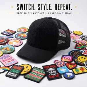 Unisex Velcro trucker hat. DIY your own unique hat anytime, anywhere to suit your style. Comes with 10 replaceable patches (5 large + 5 small). caps