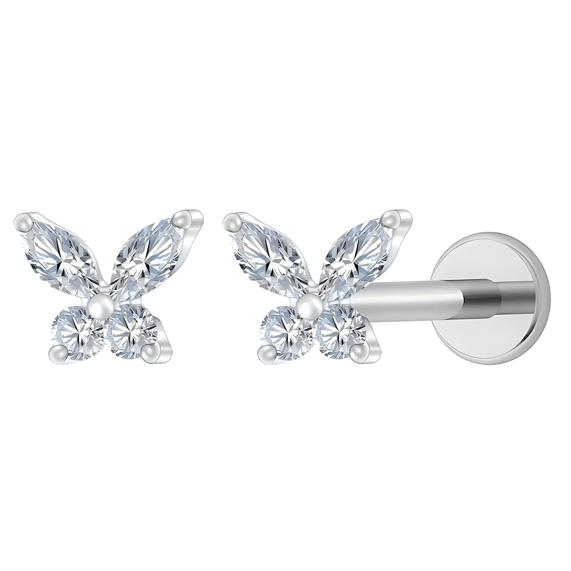 Titanium Butterfly CZ Labret Stud Earrings for Piercings by Ginger Lyne 6Pc Set G23 Screw Front Flat Back Body Jewelry 2 pair posts 6mm, 8mm Cartilage, Helix, Tragus, Lip, Conch, Lobe