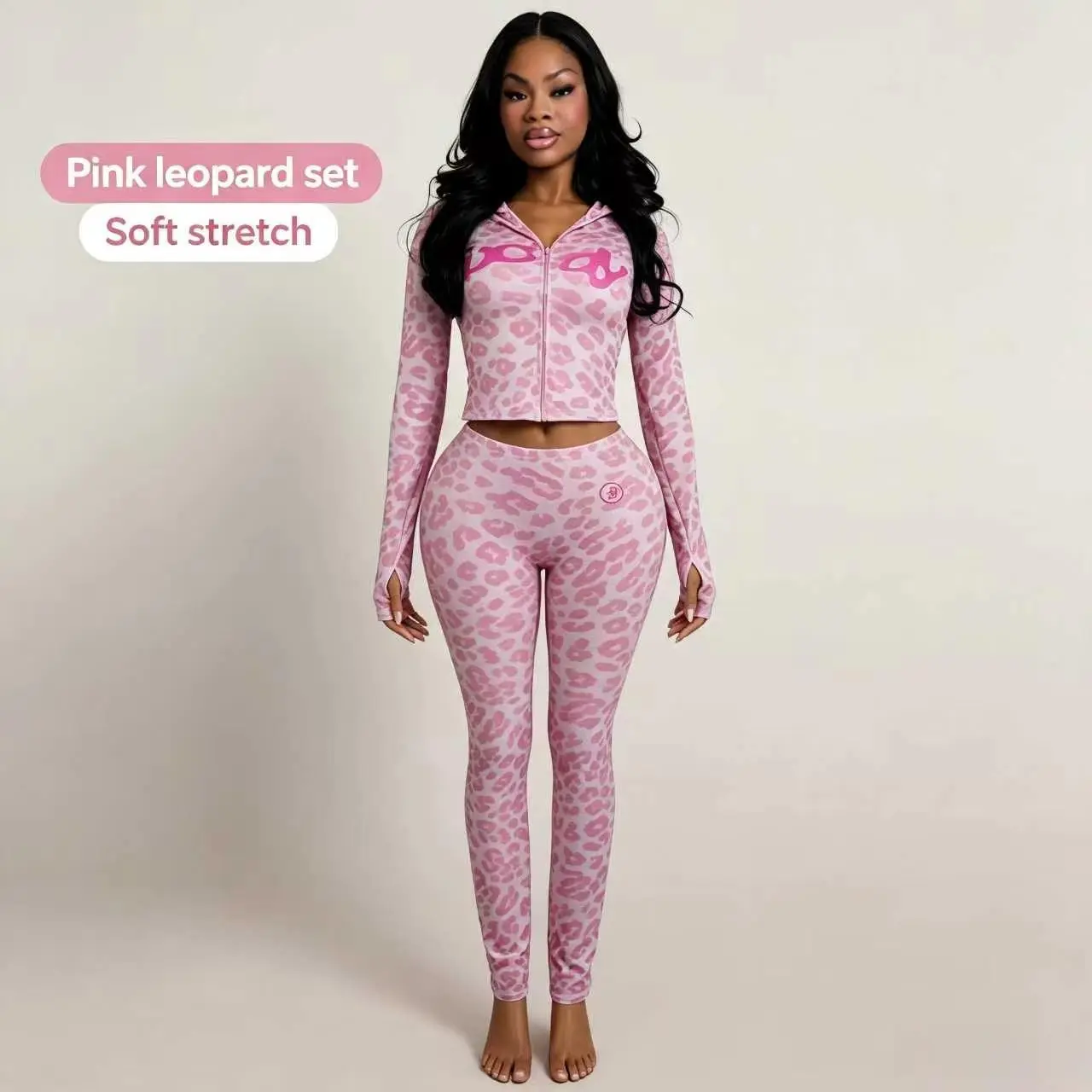 Women's Cropped Leopard-Print 2-Piece Slim-Fit Gym Set - Zip-Up Hoodie, High-Waisted Leggings, Y2K Street Style, Breathable Premium Lightweight Fabric, for Home Wear & Commuting, Autumn Women's 2 Piece Sets, Women 2 Piece Sets