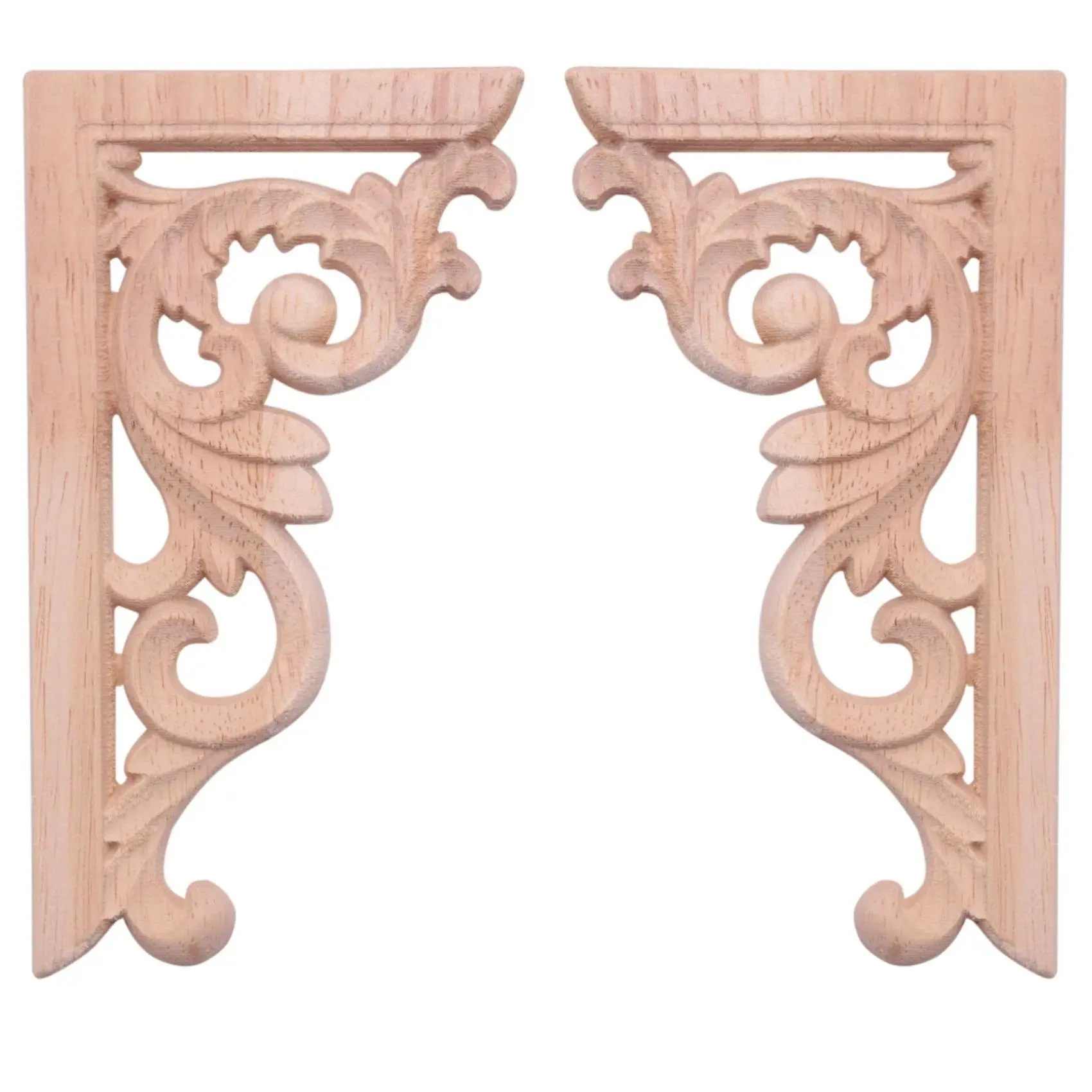Vintage Oak Wood Carved Corner Onlay - 2pcs Left+Right, 0.8cm/0.31in Thick, 130*70mm Unpainted European Style Decorative Applique with Carving Art & Exquisite Cutout, Classic Taste, for Home Decor Furniture Frames, Apartment Decoration