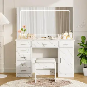 LED Mirror Vanity Desk with 3-Mode Adjustable Lighting, 7 Drawers, Power Outlets & Hair Dryer Holder, Modern Marble White Dressing Table for Bedroom, Mdf Wood, Marble Finish, Padded Stool