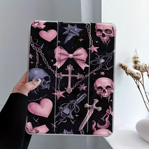 Gothic Pink Bow Skull design iPad Case, Double-sided Printing Transparent Acrylic Hard Back Panel With Pencil Slot for Ipad mini pro air, Scratch-resistant Ultra-thin, Shock-resistant Full Cover Case for Offices Schools Homes, Accessories
