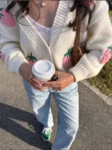 Women's Strawberry Decoration Long Sleeve Casual Knit Cardigan, Loose-Fitting Plain Design, All Seasons Fashion, Comfortable Wear