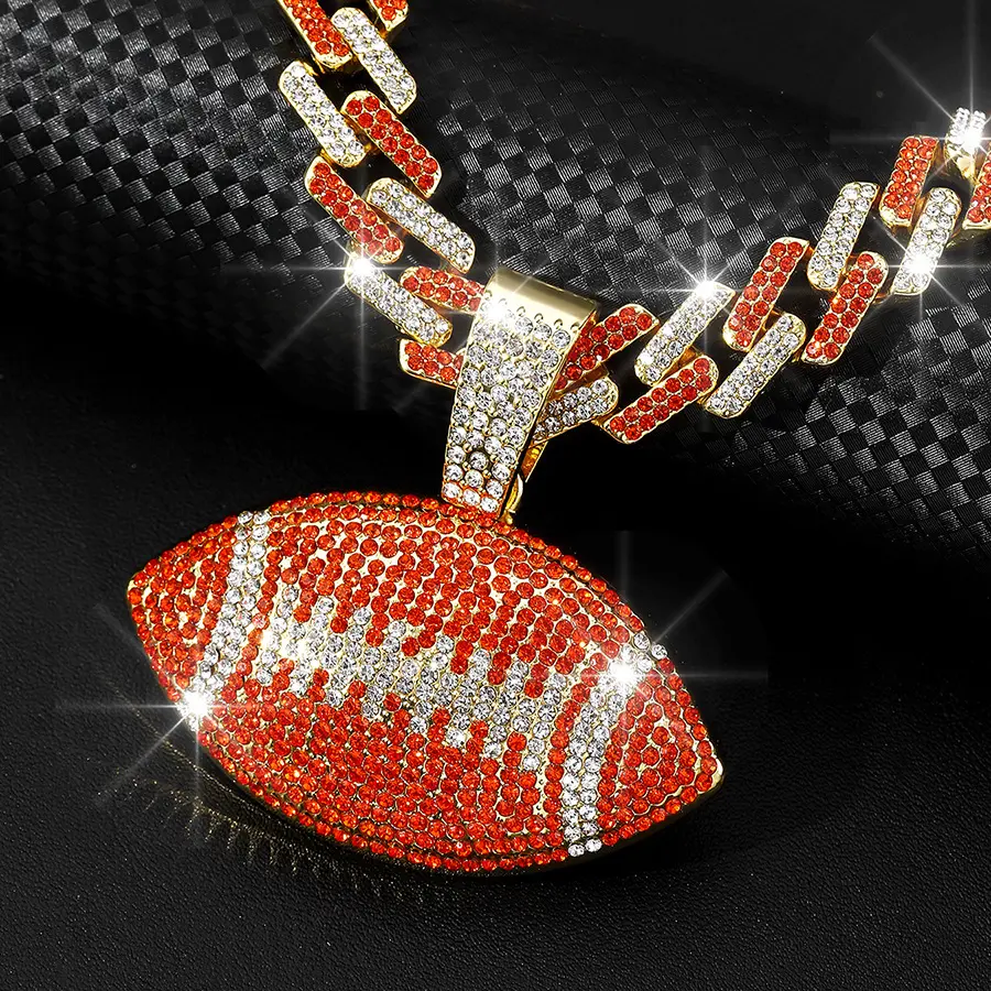 Men's Cuban Link Necklace with Rhinestone-Adorned Colorful Rugby Ball Pendant, TEMU Hip Hop Fashion Costume Jewelry for Stylish Looks