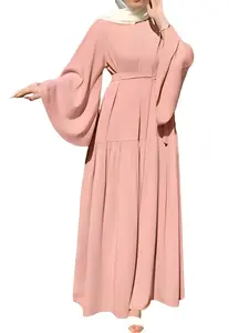 Vogue Harbor's Ramadhan Tie Waist Smocked Kaftan Abaya, Elegant Long Sleeve Solid Maxi Length Dress, Women's Clothing Hijab