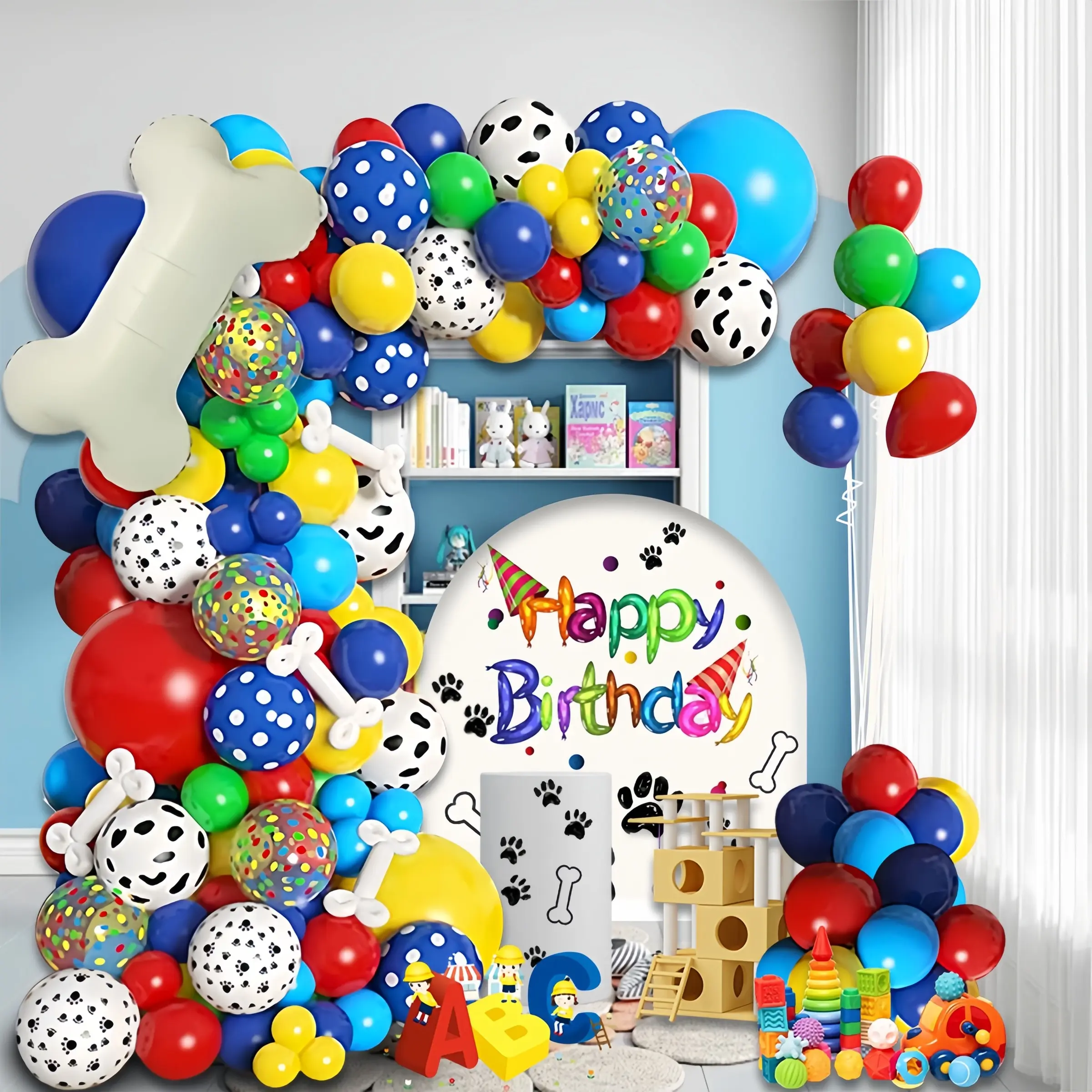 106 Piece Paw Print Balloon Arch Kit, Dog Bone Foil Balloons, Blue Latex Material, Balloon Party Supplies, Balloon Set, Perfect for Boy Birthday Party Decorations