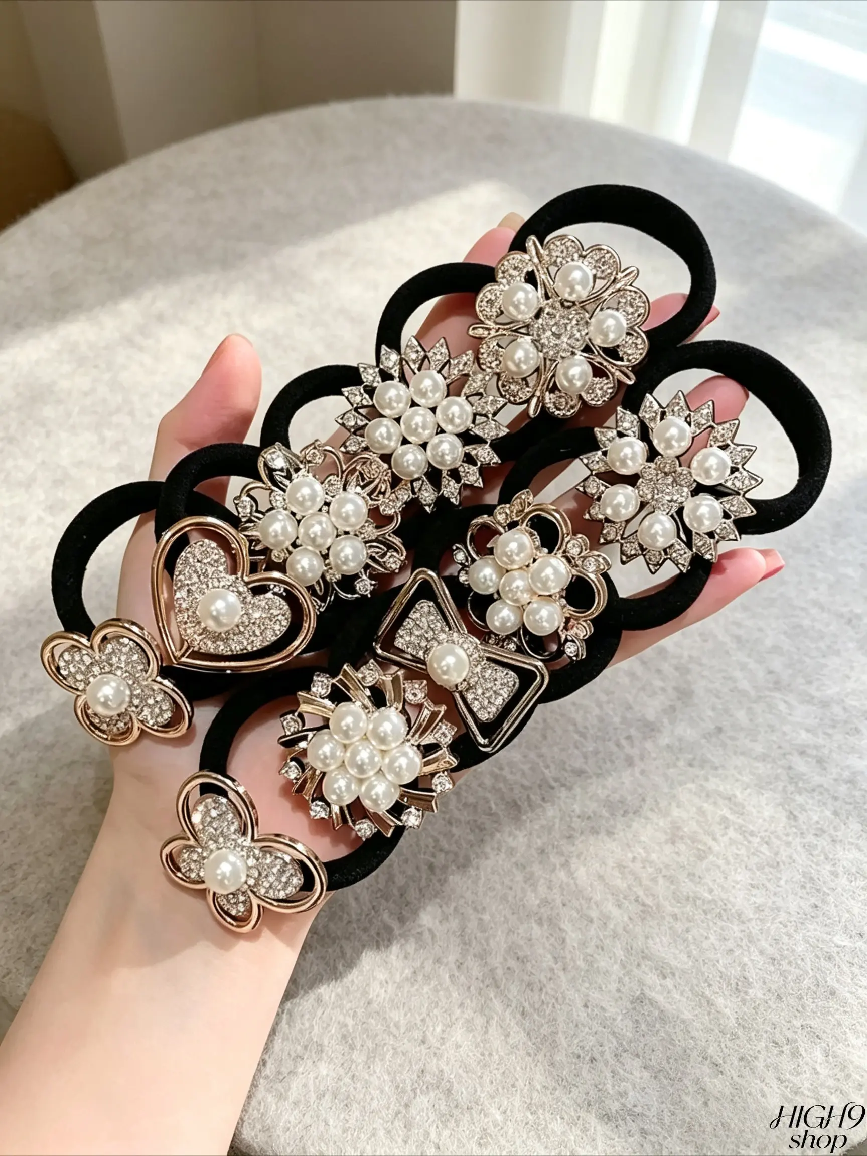 10Pcs Rhinestone Decor Elastic Scrunchies Set, Soft Jersey Fabric Hair Ties, Minimalist & Elegant Rhinestone Hair Bands For Women Daily Styling