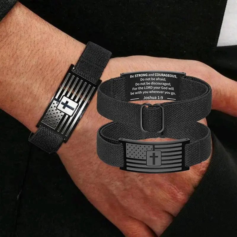 Outdoor Style Men Faith Cross Scripture Wristband, American Flag Bible Verse Inspirational Nylon Bracelet Protective Gear, Nice Gift for Family, Friends & Couples