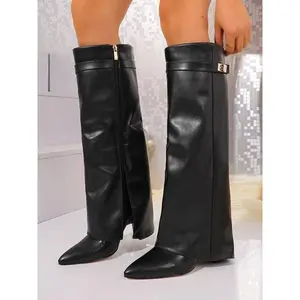 Women's Leather Foldover Shark Classic Buckle High Top Boots, Pointed Toe Boots,Fashionable Design for Trendy Women,Durable Comfortable Shoes