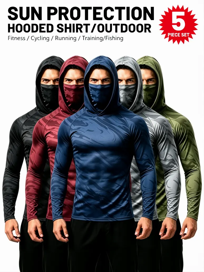 Men's 5-Pack UPF Sun Protection Compression Shirts - Slim Fit, 4-Way Stretch, All Season Solid Colors, Quick Dry Breathable Long Sleeve Hooded Tops with Attached Face Mask for Fishing, Outdoor Work, Athletic, Sun Shield, Gym Daily Wear, Gym Athletic Cloth