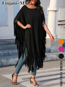 Plus Size Women's Fringe Hoodie Tee, Womenswear, Loose Fit Suitable for Various Body Types, Ideal for Daily & Beach Vacations