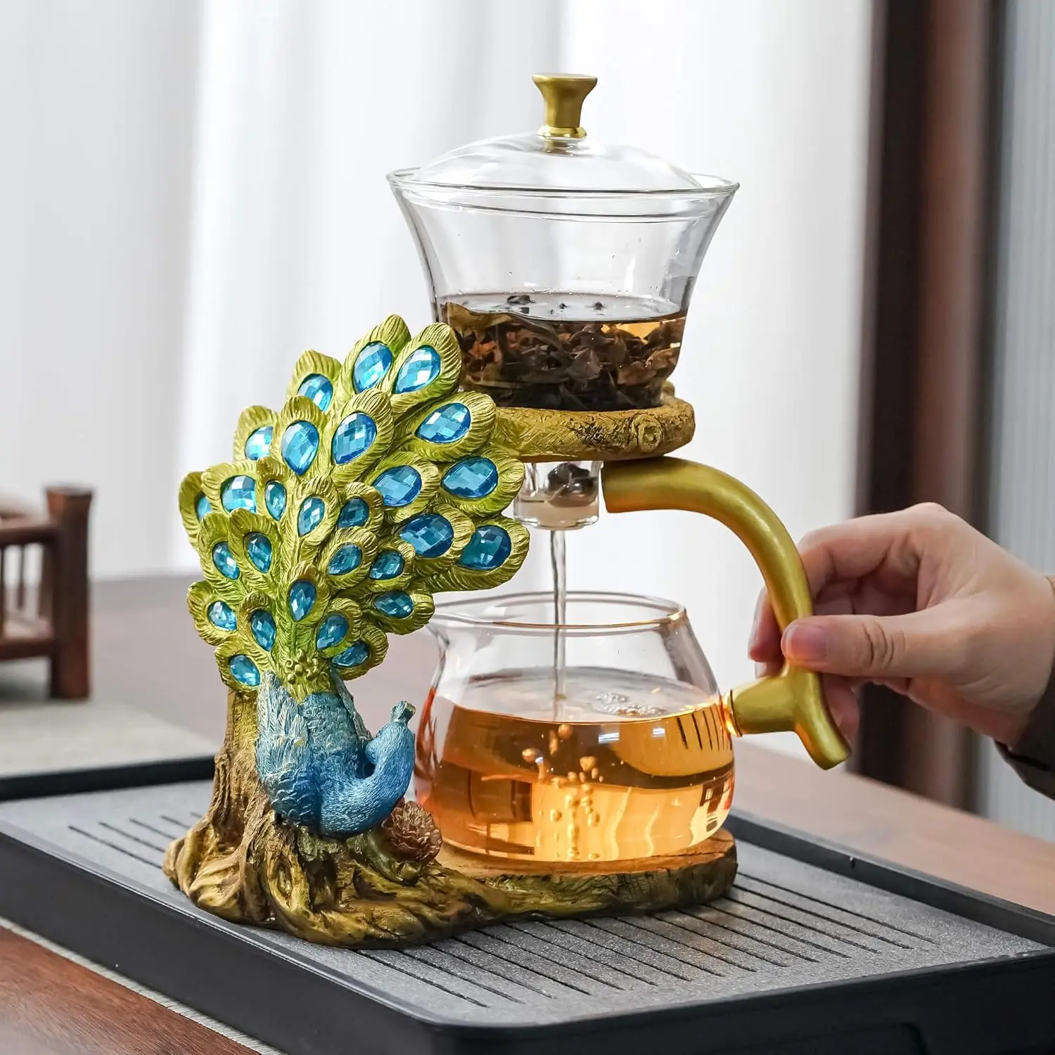 Semi-Automatic Peacock Design Glass Teapot Set - Stainless Steel Infuser Filter, Teacups, Fruit & Tea Bag Compatible Kitchenware, Ideal for Birthday Gifting & Loose Leaf/Matcha Use