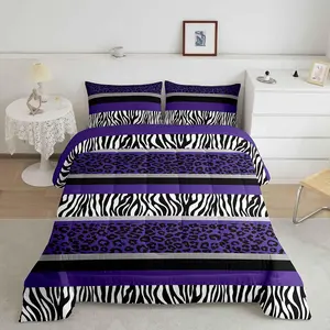 Leopard Print Designer Comforter Set,Zebra Stripes Luxury Bedding Set,Purple Black White Zebra Leopard Fur Bed Comforter,Safari Animal Hair Duvet Set