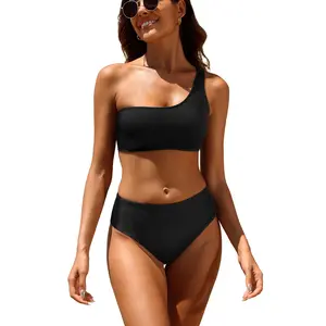 Tempt Me Women Two Piece Swimsuits Ribbed One Shoulder Bikini Sets Mid Waist Bathing Suit  SwimWeek  summervibes