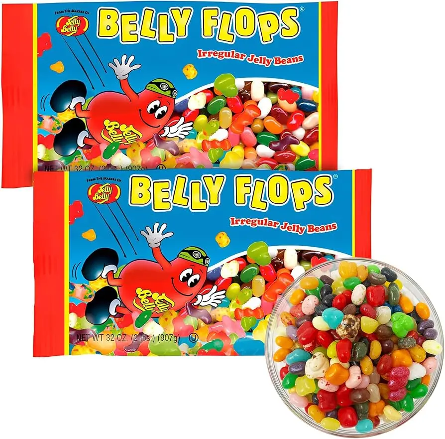 Jelly Belly Belly Flops Irregular Jelly Bean Sweets, 2-Pack 16oz Bags (2 Lbs Total), Gluten-Free Pre-Packaged Mixed Flavors Candies with Beeswax & Pectin, Dr. Pepper-Infused Casual Snack