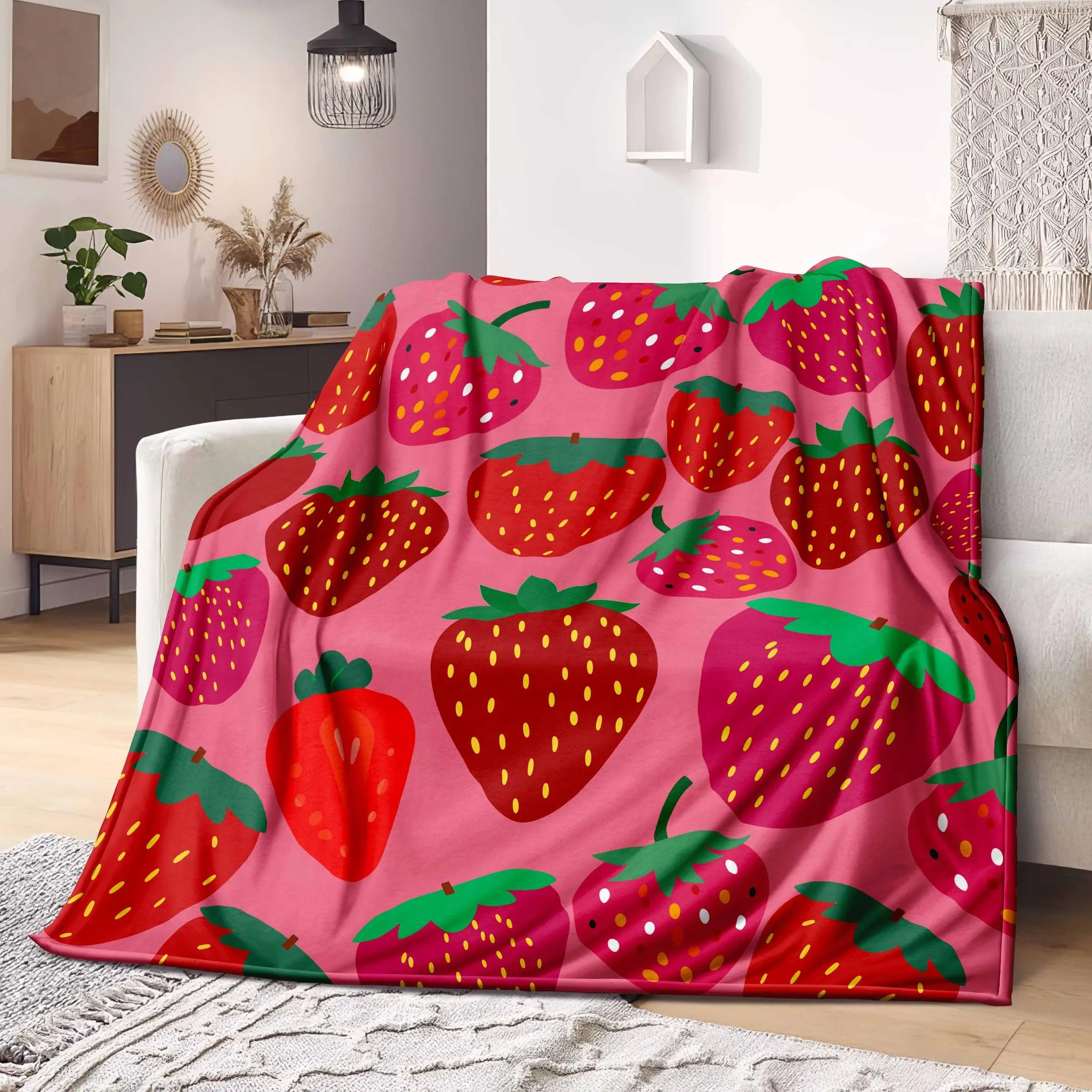 Strawberry Pattern Food Themed Printed Blanket, 1 Count Soft Comfortable Cozy Blanket Throw, Warm Home Blanket for Couch, Sofa, Bed, Office, Camping Trip, Blankets for Sofa