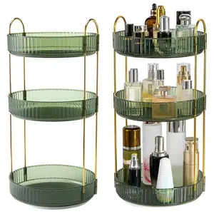 3 Tier Rotating Makeup Organizer 360° Spinning Perfume Cosmetic Storage Tray 55LBS Load Countertop Shelves for Lotion Lipstick Green White Gold Plated Iron Multi-Purpose Table Organizer