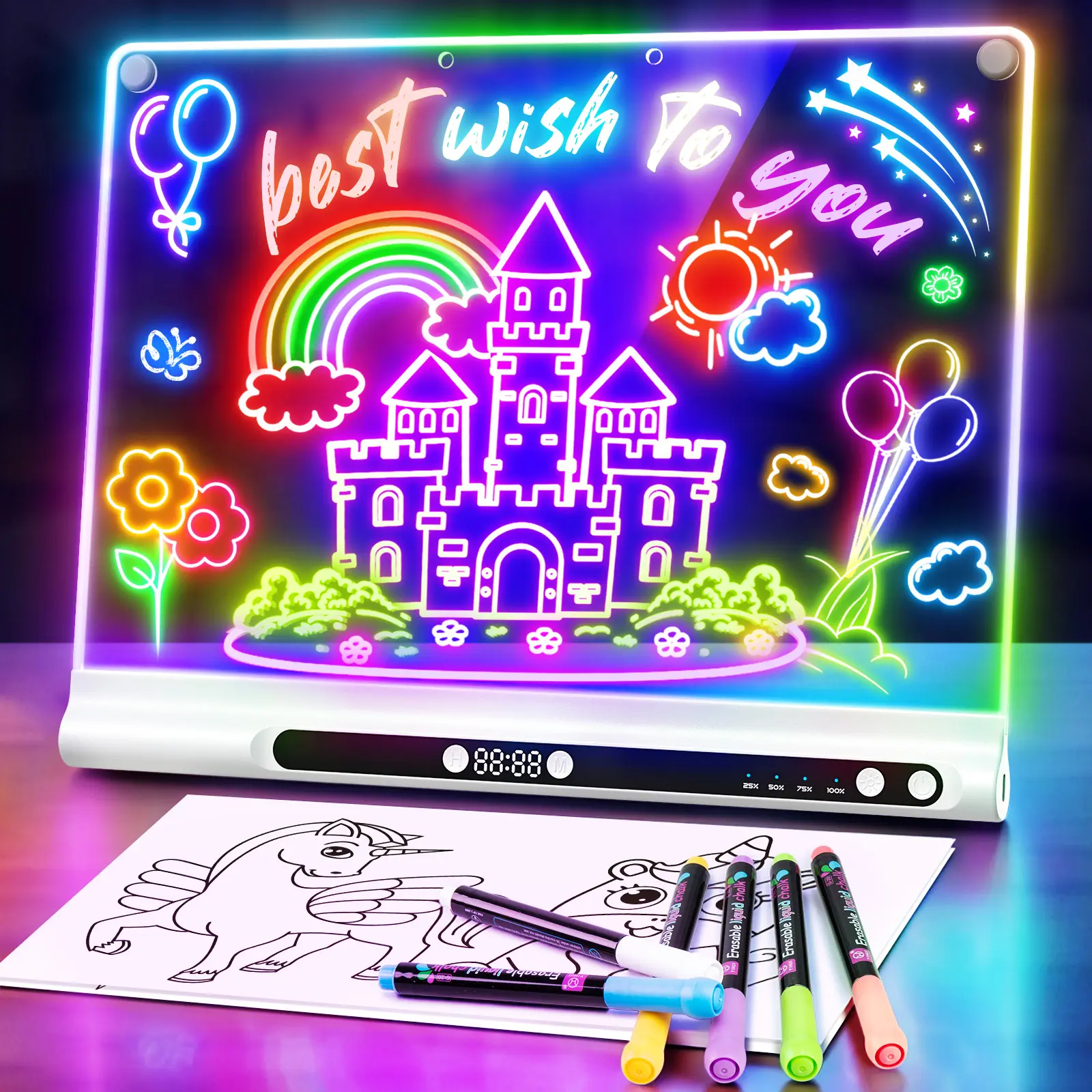 GEOKAY 2026 LED Note Board with Colors, 16-Inch Rechargeable Light Up Drawing Board with Built-in Stand, 9 Light Effects Neon Glow Memo Message Dry Erase Board for Gift/Room/Office/Kids, 8 Markers, White Full Work Set Included