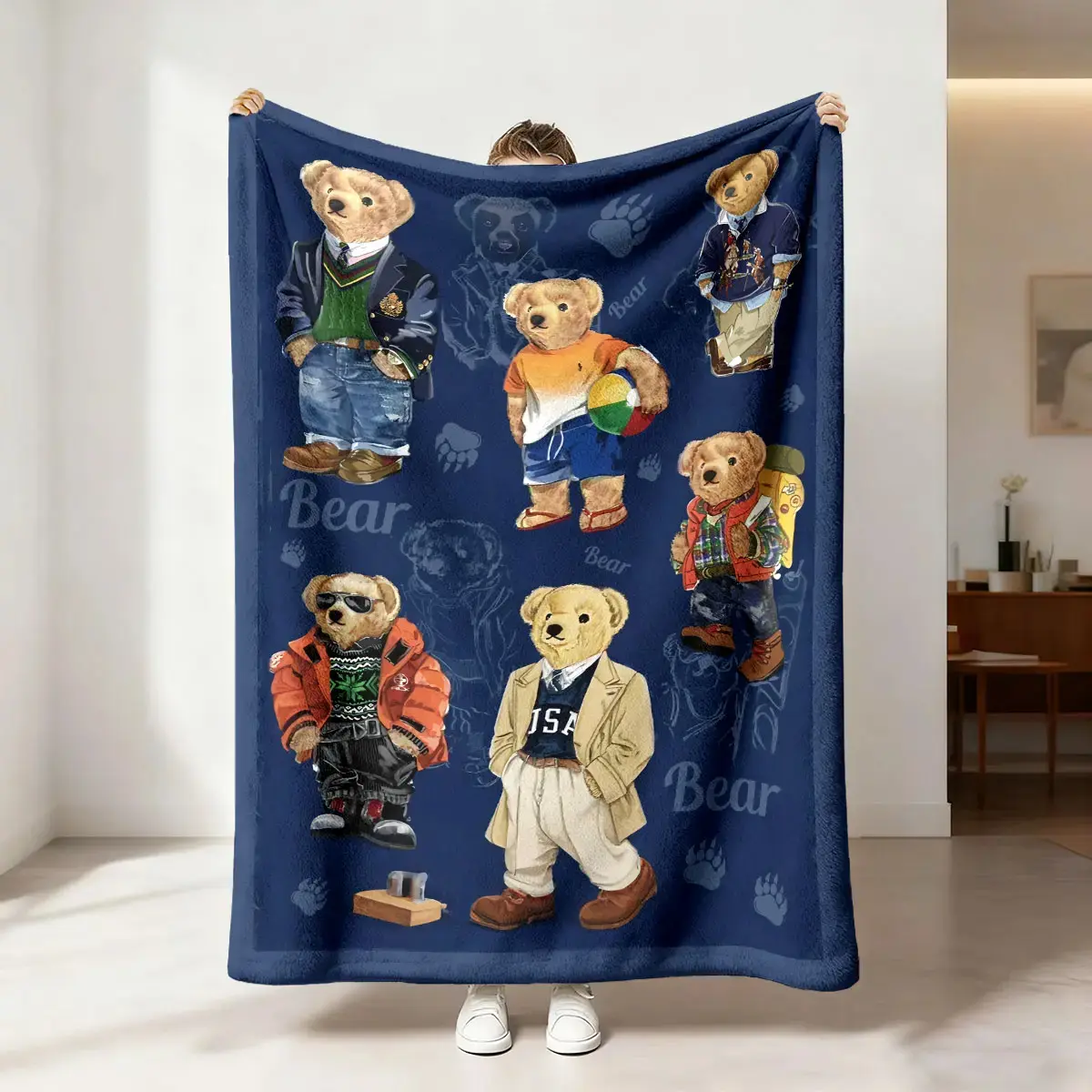Teddy Bear Themed Flannel Throw Blanket Soft Warm Printed Bear Claw Print Skin Friendly Lightweight Cozy Multifunctional Blanket for Casual Outdoor Sofa Bedroom Travel Animal Theme Soft Throws