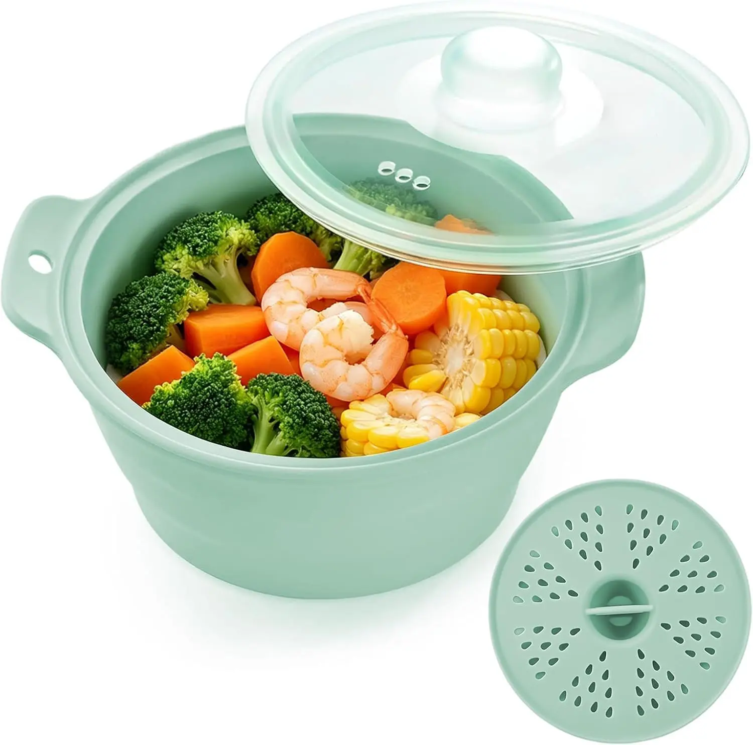 Sturdy Collapsible Silicone Microwave Steamer, 42oz BPA-Free Small Steam Pot with Lid & Removable Steam Rack, Dishwasher & Freezer Safe for Vegetables, Dumplings