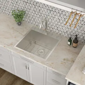 Kichae 22" x 22" Drop-in Stainless Steel Laundry & Kitchen Sink, 12“ Deep Single Bowl Handmade Utility Room Basin with Grid, Strainer & Roll-Up Rack