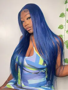 Royal Blue Straight Lace Front Wig 28 Inch Long Synthetic Hair 13x4 HD Transparent Lace Heat Resistant Pre Plucked Hairline Free Parting for Women Daily Wear