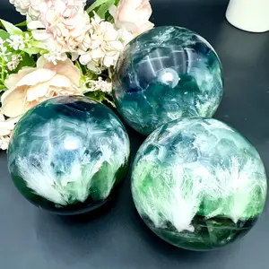1 Natural Snowflake Feather Rainbow Fluorite Crystal Ball (2.7-3.1 in) - Bohemian Purple and White Marble Pattern Luxurious Decorative Ball, Home & Office Decor, Christmas Gift Collectible Crystal Statue