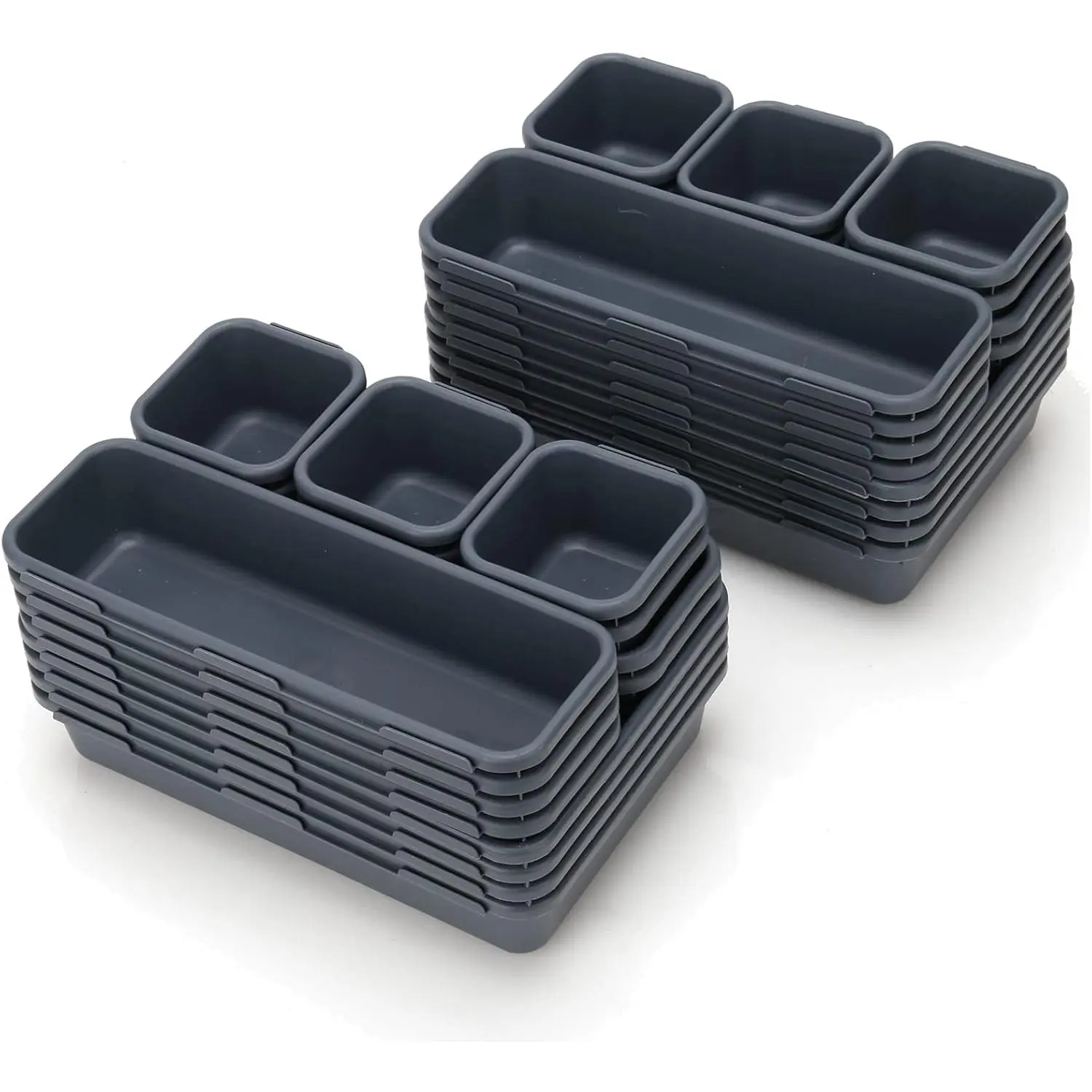 32-Pack Single Durable Stackable Plastic Shallow Divider Desk Drawer Organizer Trays with Rounded Corners - Organizing Home Supplies for Office (Dark Grey), Bathroom