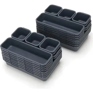 32 Pack Desk Drawer Organizers,Shallow Drawer Organizer Tray Dividers Separators Storage Bins Container for Office,Bathroom,Kitchen,Makeup Cabinet Vanity Dresser(Dark Grey)