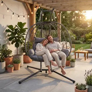 Large Size 2-Seats Double Hanging Egg Chair with Stand, Soft Cushioned Patio Hammock Swing Loveseat, Quick-Setup Indoor-Outdoor Swing Chair for Bedroom, Garden, Two Seats