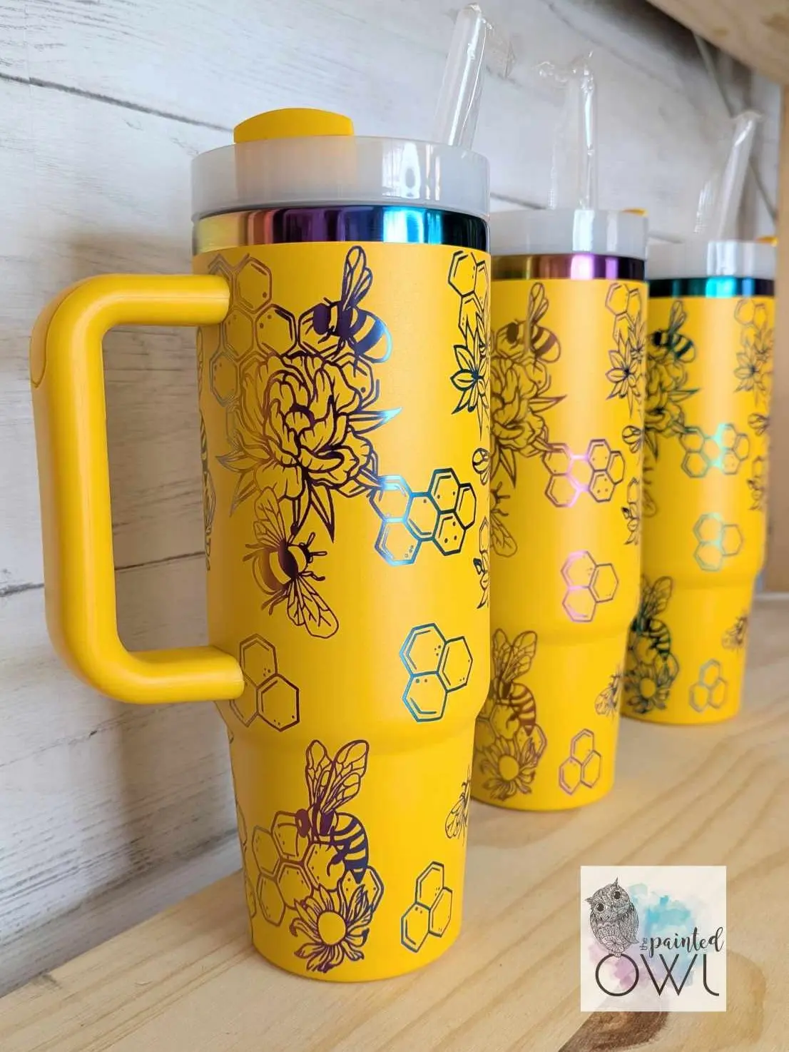 30oz Honeybees Laser Engraved Tumbler with Handle/ Lid and Straw/Custom Engraved Seamless Tumbler/ 30oz tumbler/ yellow tumbler with rainbow