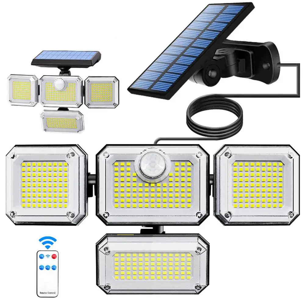Solar Powered Outdoor Light, 1 Set Waterproof Motion Sensor Security Spotlight with Remote Control, 4 Head Solar Floodlight for Patio, Garage, Porch,