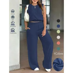 Two-pieceSetWomen'sSolidColorLinenTankTop&WideLegPants,CasualFashionCozyBreathableMinimalistOutfitsforDailyOutdoorWear,LadiesClothesforSummer,BasicWomenswear