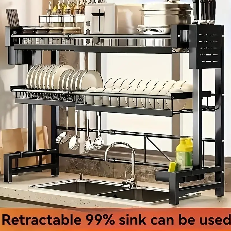 2-Layer Expandable Multifunctional Dish Rack with Durable Steel Stand, Countertop Kitchen Draining Rack, Sink Shelf with Cutlery Utensil Holder, Black Tableware Storage Organizer Adjustable Metal Rack Adjustable Hangable