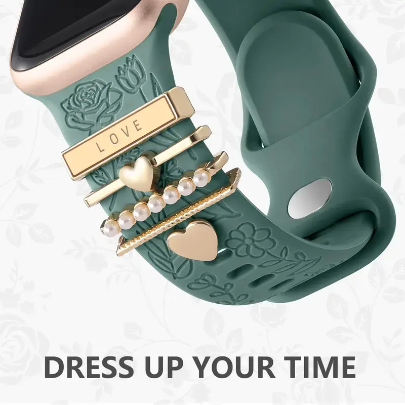 Sage Green Floral Embossed Silicone Apple Watch Band, Women's Wearable Accessory with Gold Love Heart & Pearl Charms - Sports Wristband for Aesthetic Style, Accessories