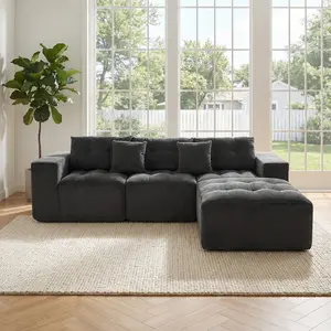 101" L-Shaped Modular Compression Cloud Sofa 3-Seater Corduroy Fabric with Movable Footrest Free DIY Combination Living Room Bedroom Apartment Gray, Living Room Furniture for Apartment, Lounge, Family Room, Office and Home Seating