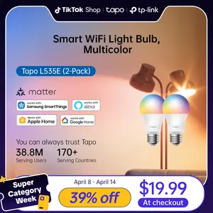 TP-Link & Tapo L535E(2-Pack) Smart WiFi Light Bulbs, 1100 Lumens High Brightness (75W Equivalent), Matter-Certified, 16M Colors WiFi Light Bulb, Dimmable, Alexa & Google Compatible  Rgb Colorful Led