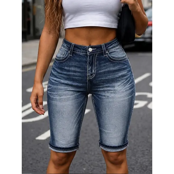 Women's Mid-Rise Stretch Denim Bermuda Shorts - Gradient Wash, Contrast Stitch, Rolled Cuff, Knee-Length, Basic Comfortable Everyday Bottoms for Vintage Casual Wear, Jean Shorts, Jorts For Women, Mid Waist