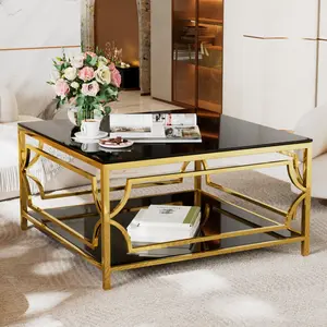 Square Glass Coffee Table with Gold Metal Frame, 33.5" Tempered Glass Top, Geometric Design & Lower Shelf - 80lbs Capacity, Modern Living Room Coffee Table (Black)