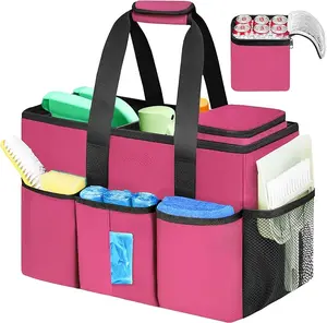 Cleaning Caddy, Water Resistant Cleaning Supplies Organizer with Handle & Foldable Divider for Cleaners, Housekeeping Tote for Kitchen & Bathroom, Car Tool Caddy Organizer Bag, Rosered