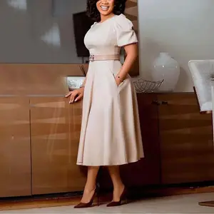 Elegant women’s office dress for spring/summer — professional mid-calf A-line midi dress with a belted neckline and short sleeves; khaki basic new womenswear