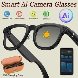 AI Smart Camera Glasses: 8-megapixel camera, photochromic lenses, real-time translation in over 160 languages, battery indicator on the temples, charging case with battery level display, Bluetooth connectivity for hands-free photo and video recording.