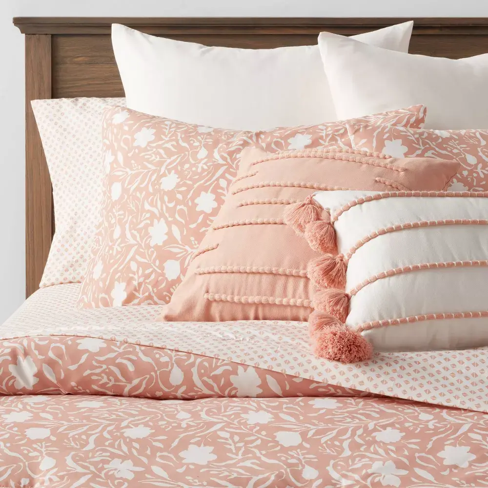 12pc Full Floral Boho Comforter & Sheets Set Terracotta Pink - Threshold: Polyester Woven Botanical Pattern 180 Thread Count